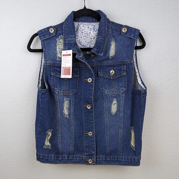 Blue Jean/ Denim Vest Sleeveless Distressed Button Front Size Medium - Picture 1 of 8